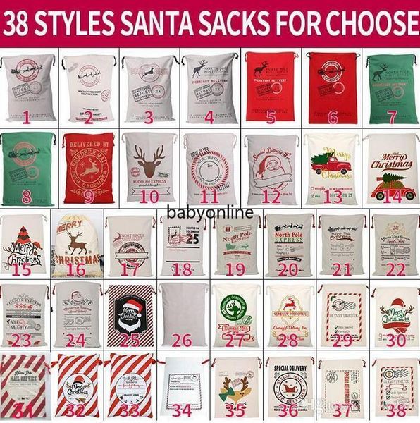 

dhl ship christmas santa sacks 38 styels canvas cotton bags large organic heavy drawstring gift bags festival party christmas decoration