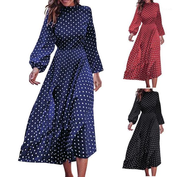 

2020 dot lantern sleeve midi dress women autumn winter dress casual dresses long sleeve irregular hem plus size #9551, Black;gray