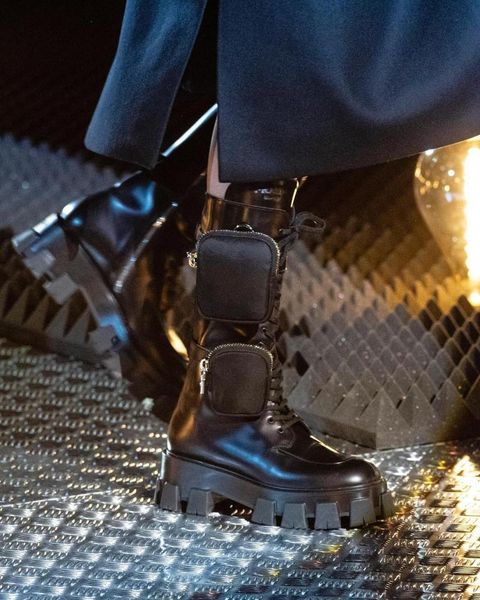 

fashion thick bottom mid calf long boots women lace up zipper with pocket long boots black winter motorcycle for woman