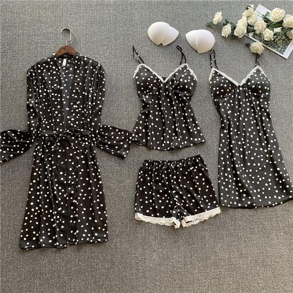 

jrmissli women's 4 pieces pajamas set silk stain pajama sets ladies sleepwear sleep wear pyjamas nighties robe1, Black;red