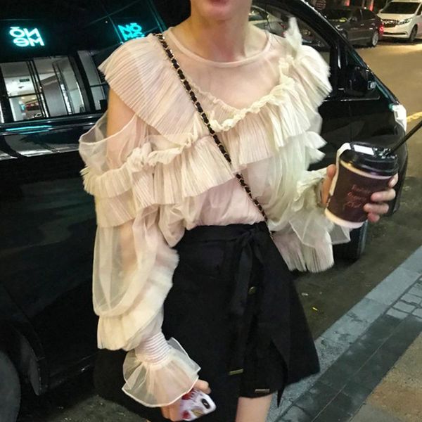 

ewq] 2020 spring summer new sweet mesh off shoulder chiffon shirt women blouse korea plus size ladies shirt casual blusas qx7821, White