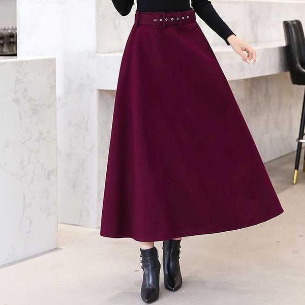 

2020 winter women's wool skirts with belt solid color vintage woolen skirt female streetwear long 4 color da1031, Black