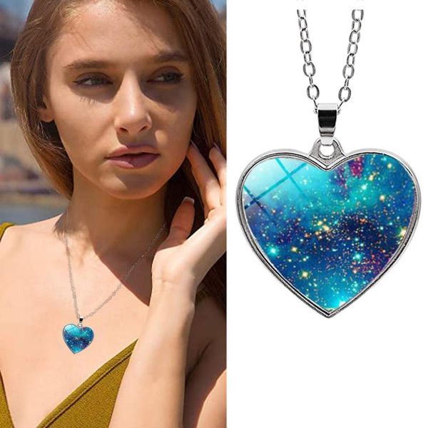 

chains necklace for women solar system planet galaxy double sided glass universe heart pendant jewelry valentine's day gift, Silver
