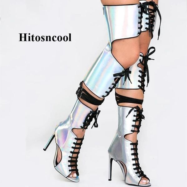 

dress shoes women summer over the knee sandal boots cut out ladies peep toe high heels woman lace up gladiator sandals, Black