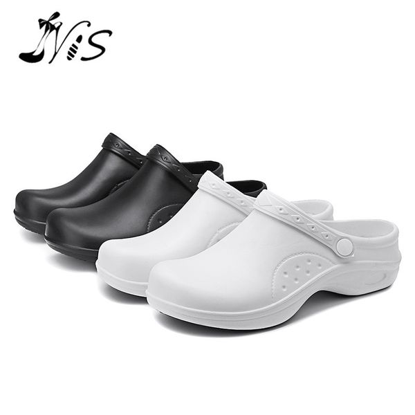 

nis women medical nursing kitchen chef shoes hole clogs shoes hospital tpr loafers waterproof non-slip oilproof slippers x1020, Black