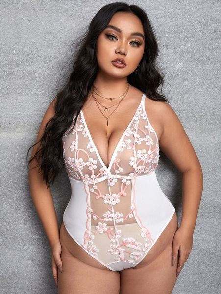 

plus floral embroidery contrast mesh teddy bodysuit 02zq#, Black;white