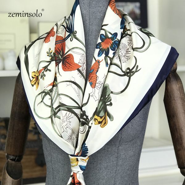 

deluxe drand scarves elegant female scarf printed flower scarves 90*90 cm square scarf fashion headscarf y201007, Blue;gray