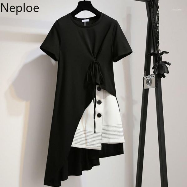 

neploe 2 piece set women summer solid o-neck short sleeve drawstring dress+single breasted short skirts fashion suits 436621, White