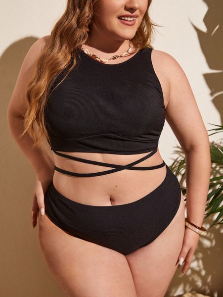 

plus plain rib criss cross high waisted bikini swimsuit t35t#, Black