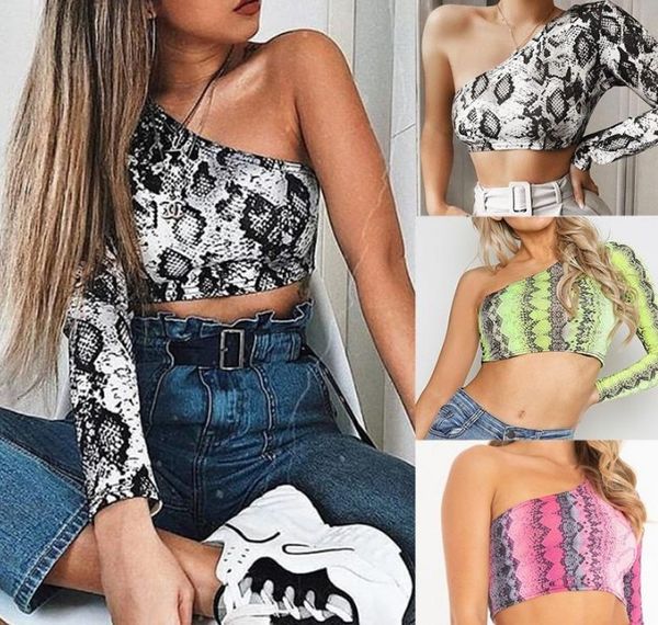 

3 colors summer womens t shirt lady fashion casual single shoulder long sleeve snake printing t shirt party clubwear, White