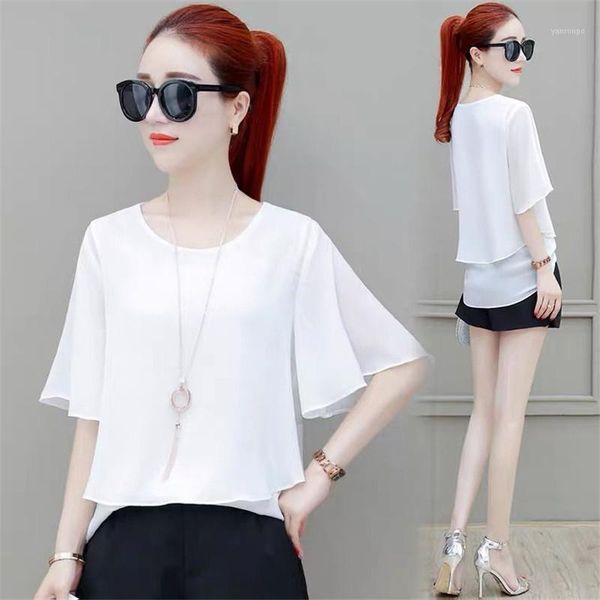

2020 summer half sleeve chiffon casual blouse plus size 5xl 6xl office lady blusas korean butterfly sleeve streetwear shirts1, White