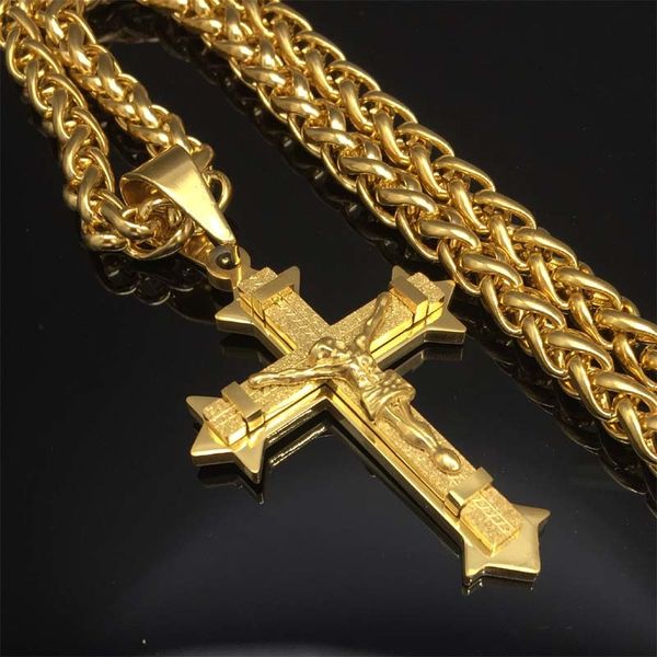 

crucifix cross necklace gold color stainless steel wheat chain for men jewelry jesus piece 200928, Silver