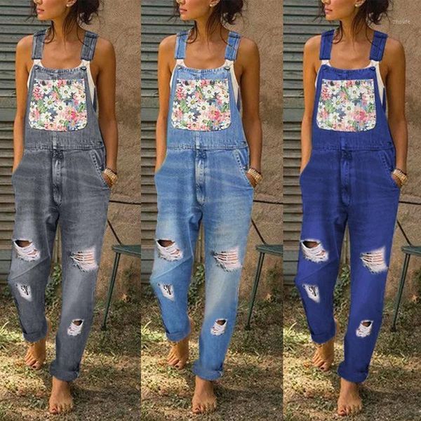 

women's overalls distressed denim patch straight overalls destroyed wash holes pants flower patchwork at large size s-5xl1, Blue