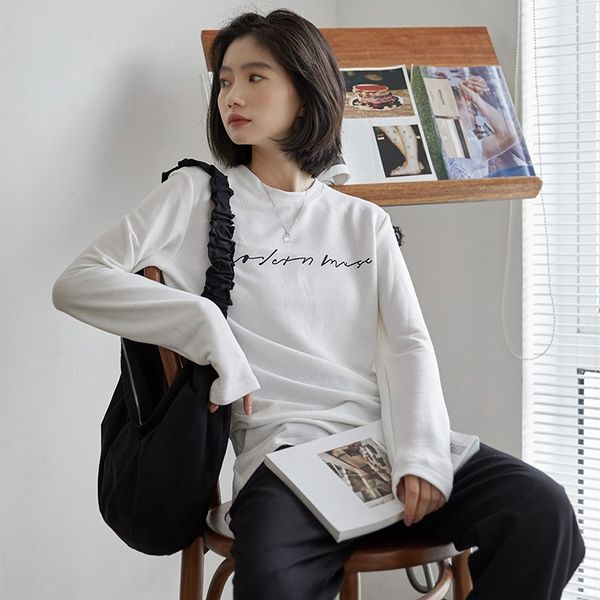 

женская t- футболка с длинным рукавом 2020 осенью новой ткани письмо корейского комфорта печати универсальной шеями экипажа дном рубашкой bj, White