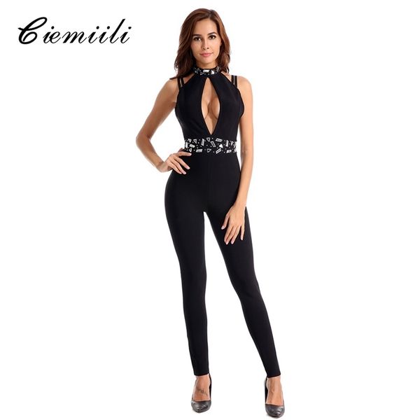 

ciemiili bandage jumpsuits rompers womens casual bodysuits evening party club bodycon hollow out playsuits overalls y200904, Black;white