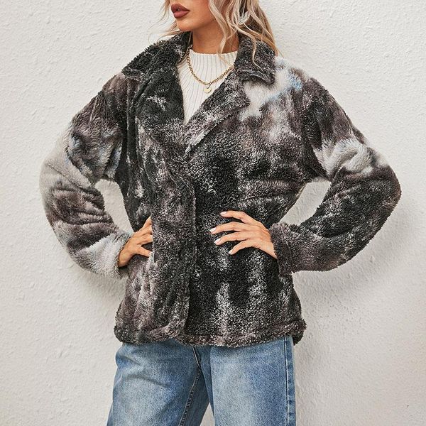 

women's fashion tie dye printed double side plush long sleeve jacket, Black;brown