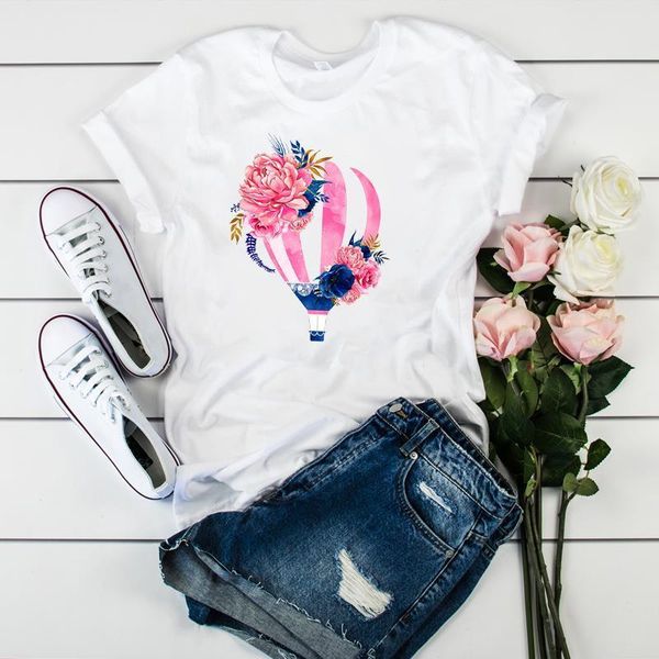 

women print balloon floral flower fashion short sleeve tees graphic female ladies womens lady t-shirt t shirt t-shirts, White