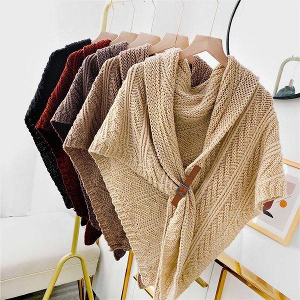 

shawl in autumn winter women's knitted coarse wool triangular scarf cape with buckle to protect cervical and neck, Blue;gray