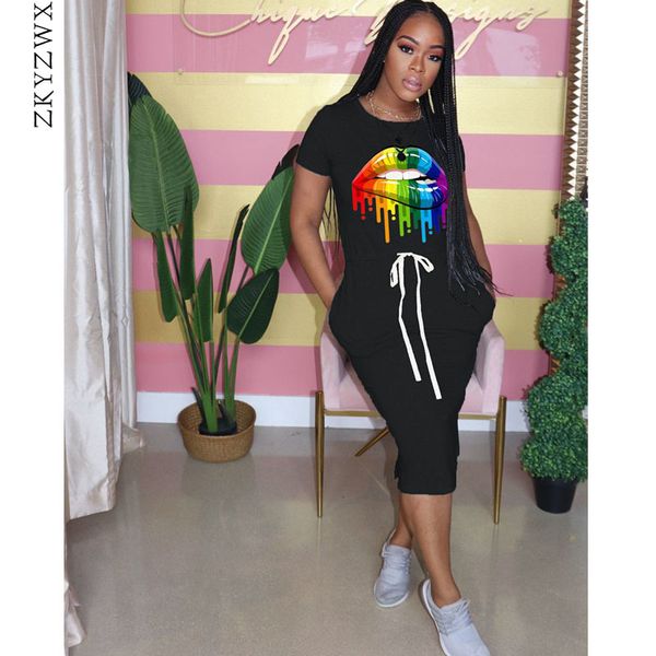 

zkyzwx big lip print short sleeve mold dress with women's pocket at noon new summer casual stretch bandage t-shirt dress, Blue;black