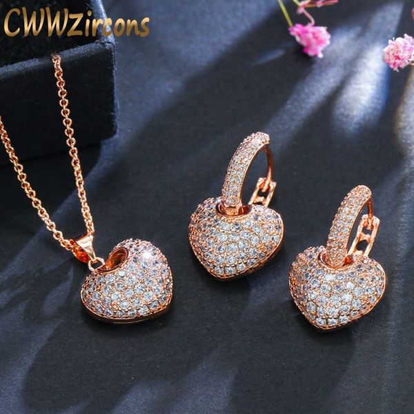 

cwwzircons micro pave cubic zirconia rose gold color heart hoop earrings and necklace famous brand jewelry sets for women t082 201222, Slivery;crystal