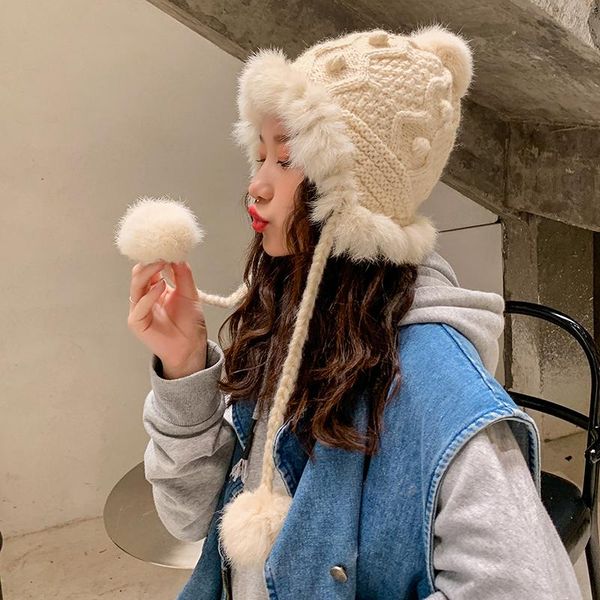 

beanie/skull caps [rancyword] winter hats beanie for women real rex fur hat warm ears cap natural 2021 gj3173, Blue;gray