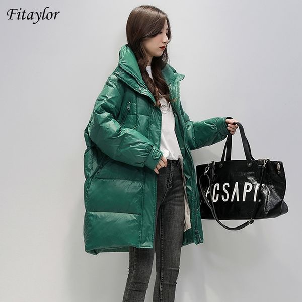 

fitaylor white duck down jacket woman stand collar long coat winter loose waterproof down overcoats loose parka snow outerwear 201023, Black