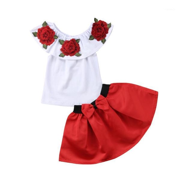 

clothing sets 2-7years toddler kids baby girls summer clothes off shoulder flower embroidery bow knot solid skirts 2pcs outfits set1, White