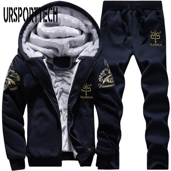 

ursporttech tracksuit men fleece thick hooded casual track suit men jacket+pant two piece set warm fur inside winter sweatshirt, Gray