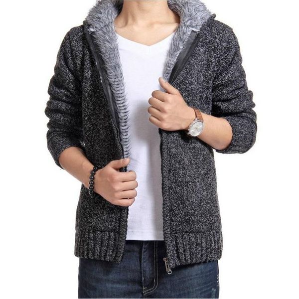 

autumn winter men's thick sweatercoat collar zipper sweater coat outerwear winter fleece cashmere liner sweatersturn-down collar, White;black