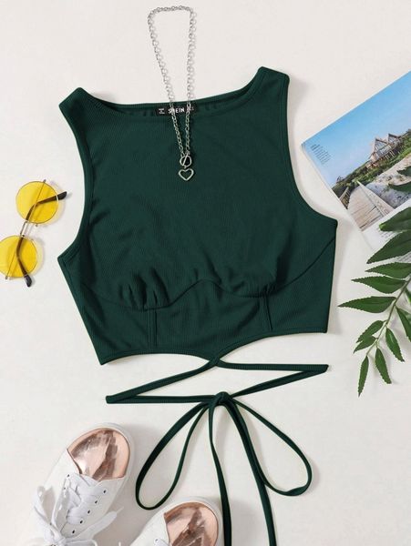 

tie front rib-knit tank crop a5gm#, White