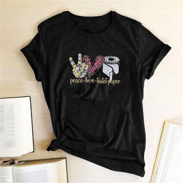 

peace love toilet paper pattern letter print funny t-shirts women aesthetic 2021 women clothes round neck pullover vogue, White