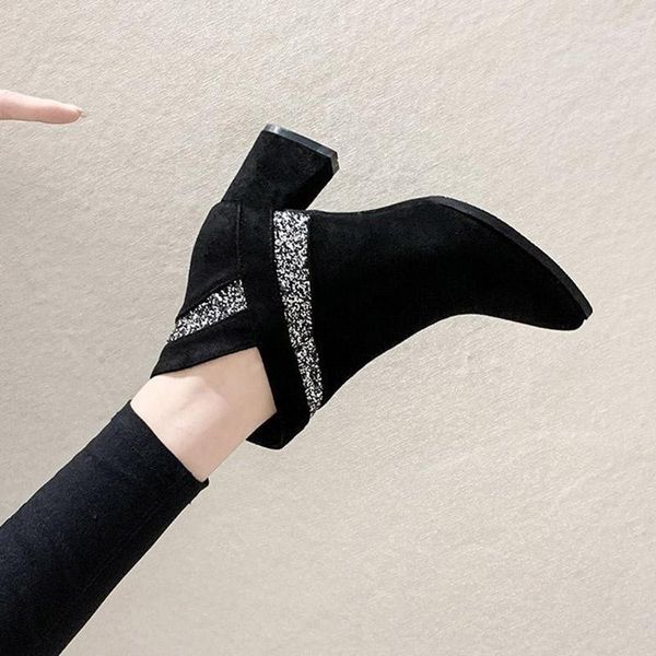 

high heels ankle boots 2020 winter new fashion bling booties square heeled pointed toe dress shoes flock botas retro mujer 8489g1, Black
