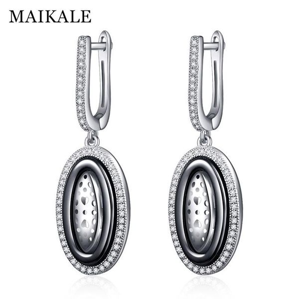 

maikale trendy round black white ceramic drop earrings for women silver color hollow heart cubic zirconia hanging earrings gifts
