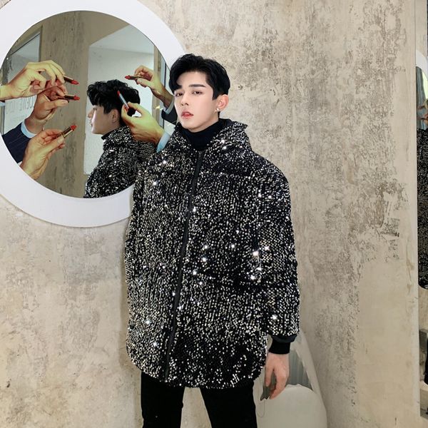

winter thickening sequin jacket men's warm parka men fashion casual hooded man streetwear loose hip hop coat male clothes, Black;brown