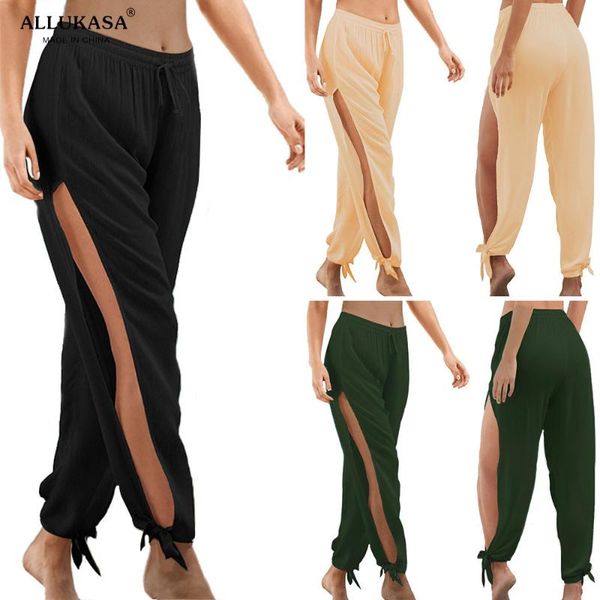 

women's pants & capris allukasa hippie harem wide leg trousers summer high slit women solid s-3xl casual loose elastic waist full lengt, Black;white