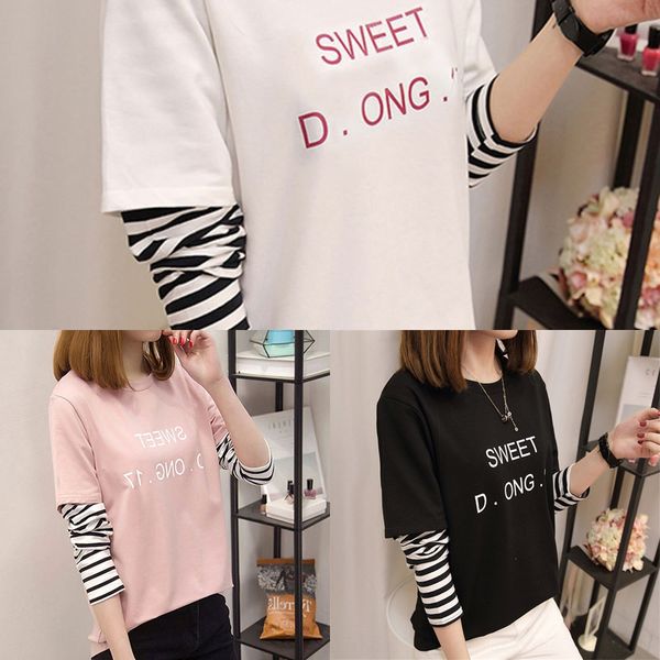 

fake two pieces of 2020 spring and autumn new korean women's long sleeve matcha green loose printed t- thin t- shirt shirtbottomed shir, White