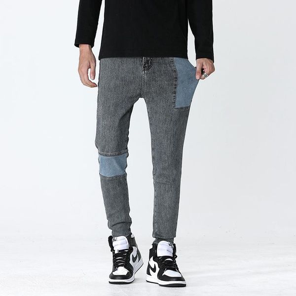 

men's jeans gray skinny fashion patchwork blue hip-hop trend personality casual pants 98% cotton stretch denim