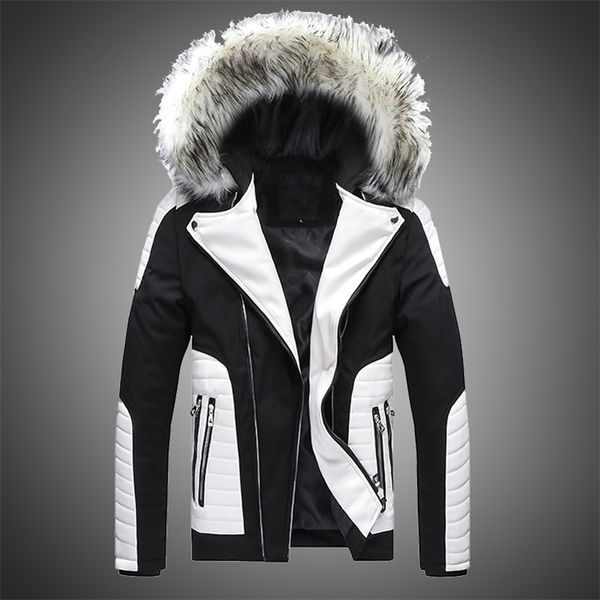 

men jacket autumn winter hooded jacket faux fur jacket parka men faux leather stitching style biker motorcycle outwear jackets 201223, Black