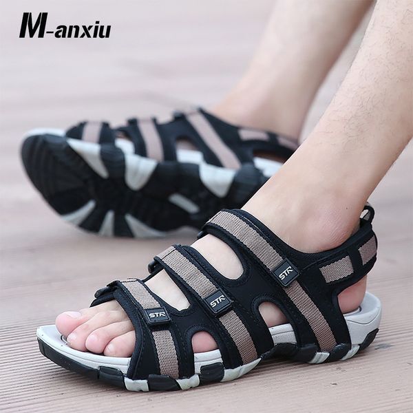 

m-anxiu men peep-toe rubber sole cross-strap hook-loop sandal 2020 summer casual pu antiskid outdoor sandal shoes t200420, Black