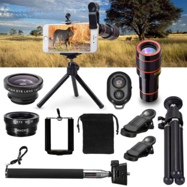 

universal 12x zoom telep external mobile camera lens bluetooth remote kit with holder clip tripod for phone