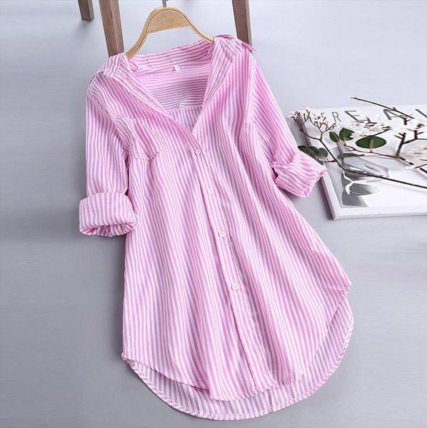 

new blouse women summer casual cool shirts chic stripe long sleeve button loose shirts sun protection clothing 410, White