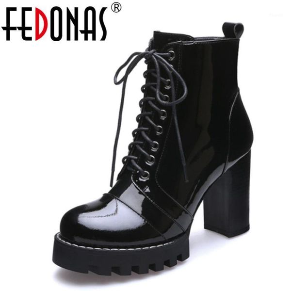 

fedonas new fashion cow patent leather women ankle boots women autumn winter genuine leather shoes woman platforms boots1, Black