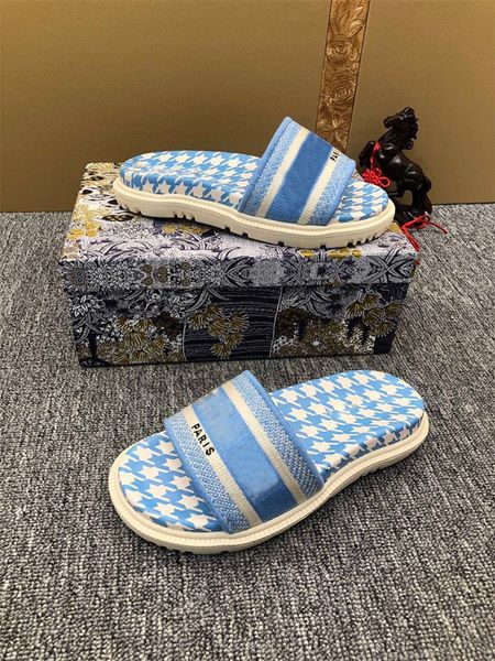 

designer luxury embroidered cotton dway slippers lights turquoise slip on flat flip flop sandals with box dust bag, Black