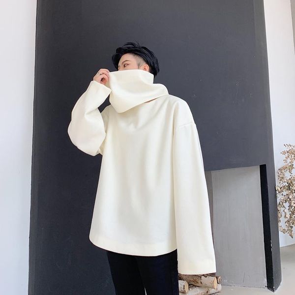 

men detachable turtleneck woolen pullover jacket sweatshirt male streetwear hip hop gothic winter loose thick casual hoodie coat, Black