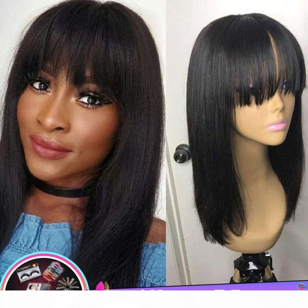

wigs with bangs for black women natural color straight brazilian bang remy long inch human hair wig 150% kemy, Black;brown