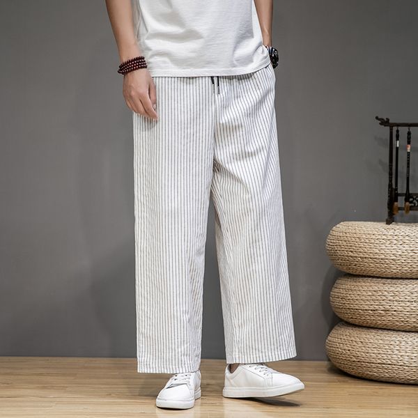 

vintage wide leg cotton joggers pockets elastic waist korean striped baggy trousers men streetwear casual pants