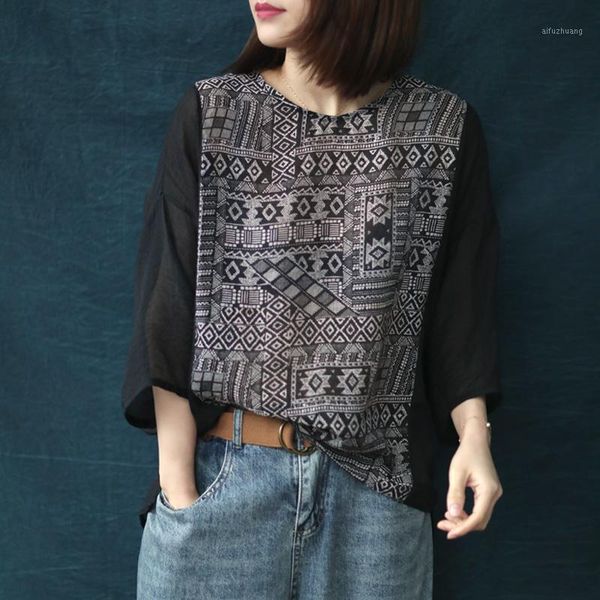 

johnature women summer vintage shirts print floral o-neck seven sleeve 2020 new plus size women clothing casual loose shirts1, White