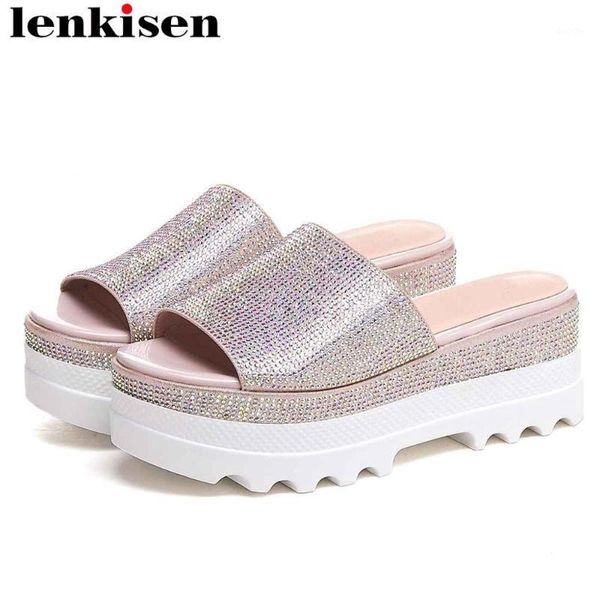 

lenkisen european style crystal studded slip on women sandals high bottom peep toe wedges platform runway gladiator shoes l301, Black