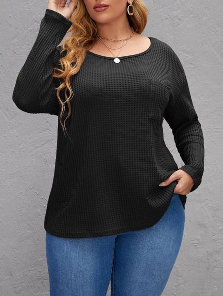 

plus solid pocket front waffle knit tee 00l4#, Black