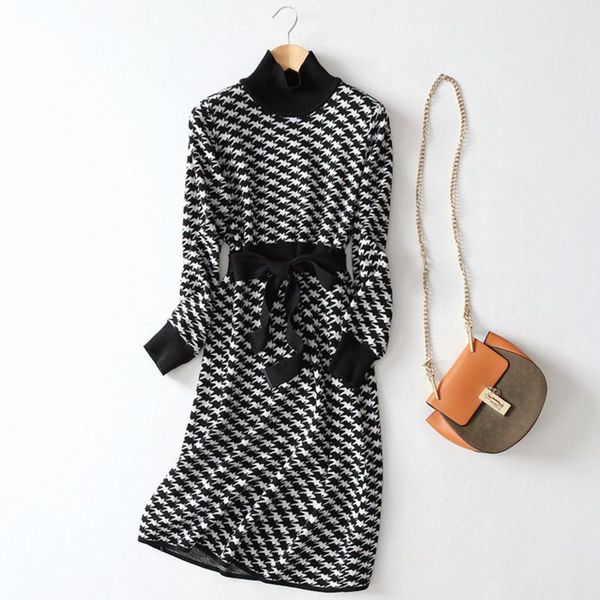 

gigogou women noble geometric knit dress dfall winter slim knot sashes sweater dress a-line houndstooth warm pullover vestido h1210, Black;gray